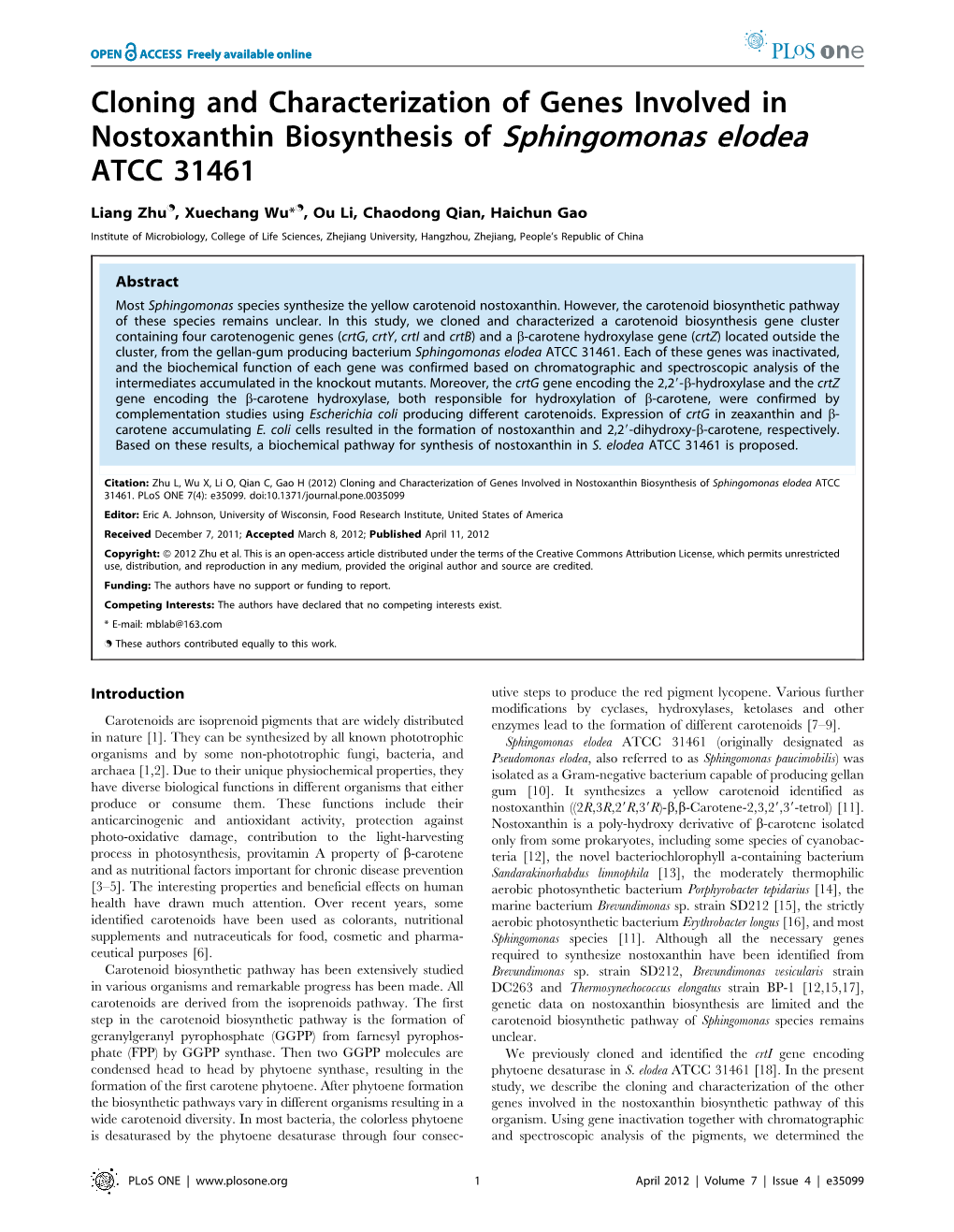 Cloning and Characterization of Genes Involved in Nostoxanthin Biosynthesis of Sphingomonas Elodea ATCC 31461