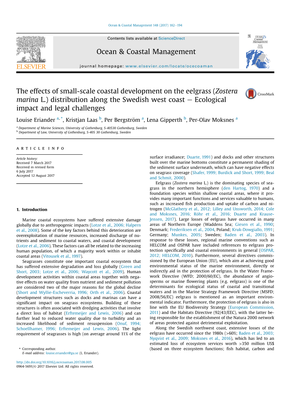 Zostera Marina L.) Distribution Along the Swedish West Coast E Ecological Impact and Legal Challenges