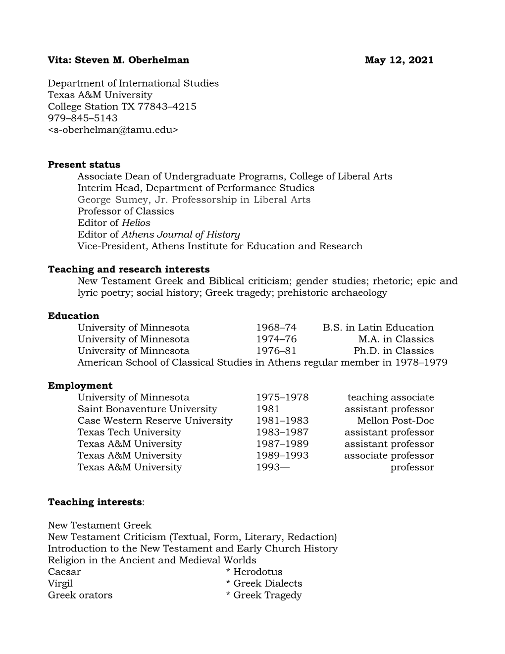 Steven M. Oberhelman May 12, 2021 Department of International Studies