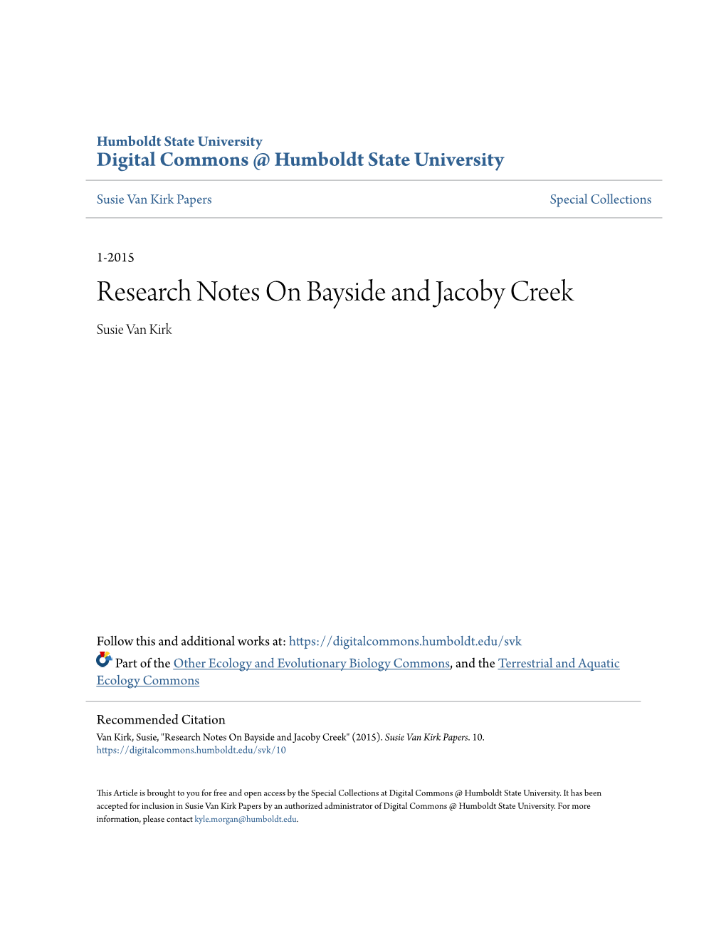 Research Notes on Bayside and Jacoby Creek Susie Van Kirk
