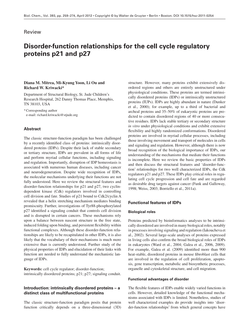 Disorder-Function Relationships for the Cell Cycle Regulatory Proteins P21 and P27