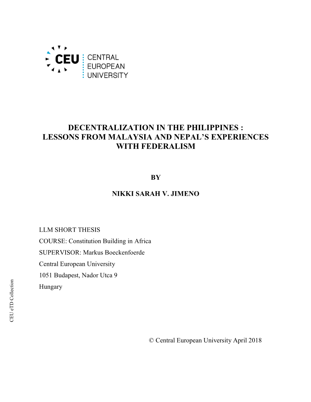 Decentralization in the Philippines : Lessons from Malaysia and Nepal’S Experiences with Federalism