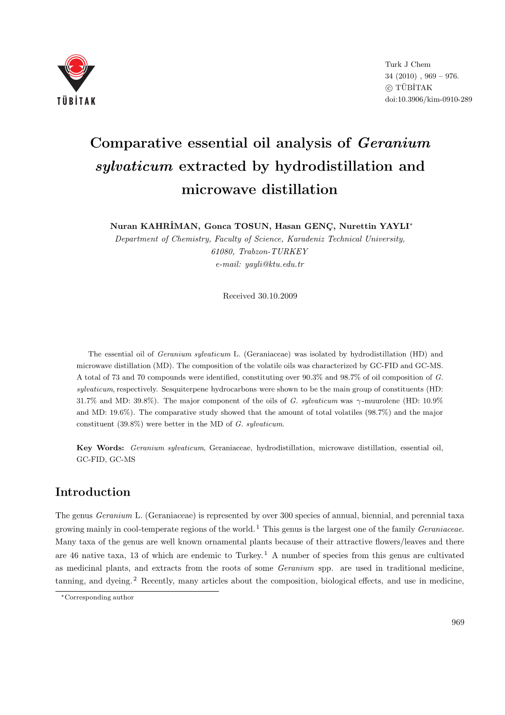 Comparative Essential Oil Analysis of Geranium Sylvaticum Extracted by Hydrodistillation and Microwave Distillation