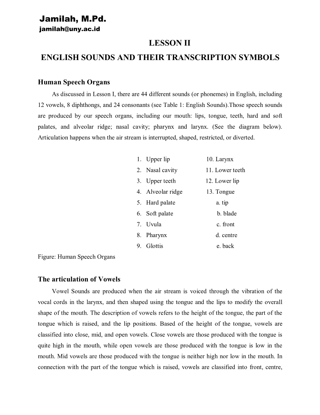 Lesson Ii English Sounds and Their Transcription Symbols