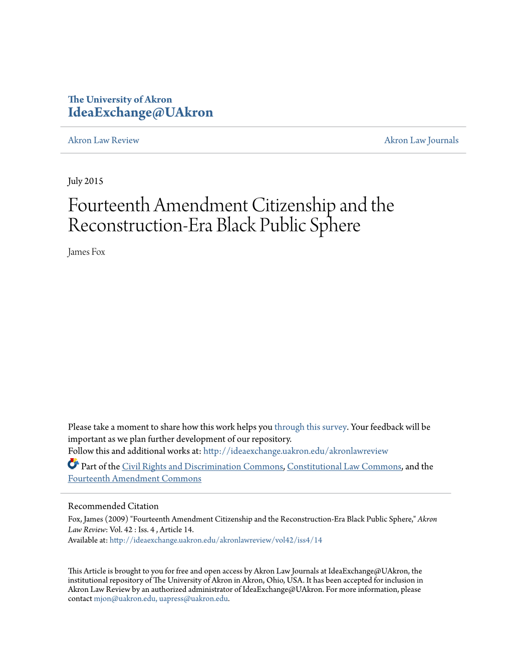 Fourteenth Amendment Citizenship and the Reconstruction-Era Black Public Sphere James Fox