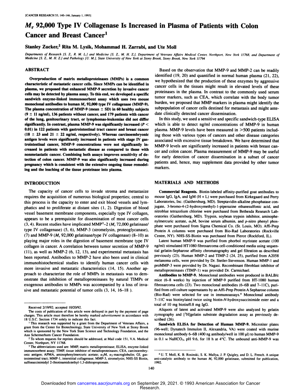 Mr 92,000 Type IV Collagenase Is Increased in Plasma of Patients with Colon Cancer and Breast Cancer1