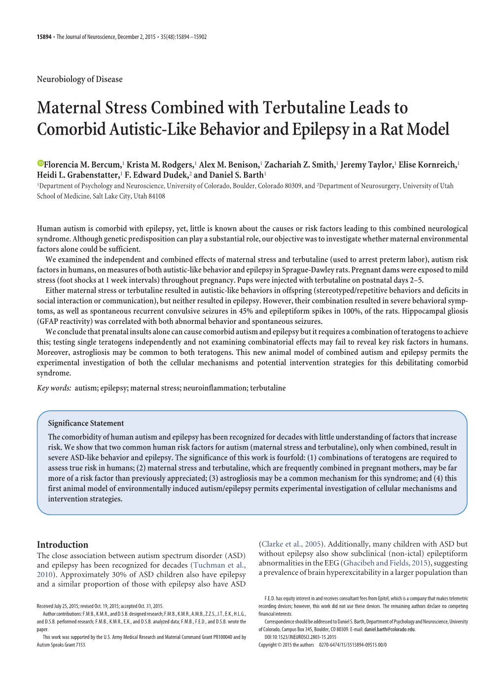 Maternal Stress Combined with Terbutaline Leads to Comorbid Autistic-Like Behavior and Epilepsy in a Rat Model