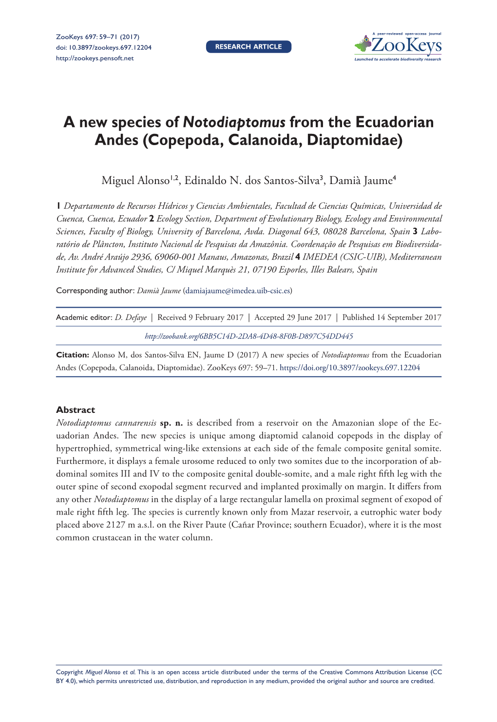 ﻿A New Species of Notodiaptomus from the Ecuadorian Andes (Copepoda