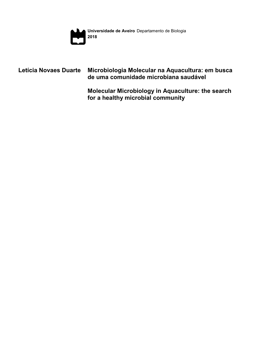 Letícia Novaes Duarte Microbiologia Molecular Na Aquacultura: Em Busca De Uma Comunidade Microbiana Saudável