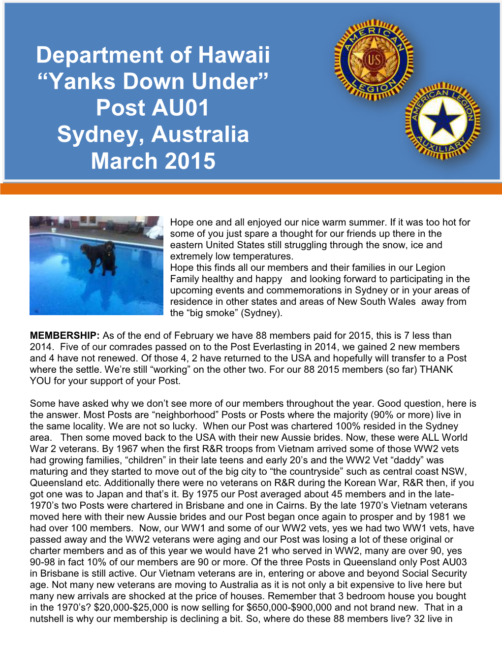 Department of Hawaii “Yanks Down Under” Post AU01 Sydney, Australia March 2015
