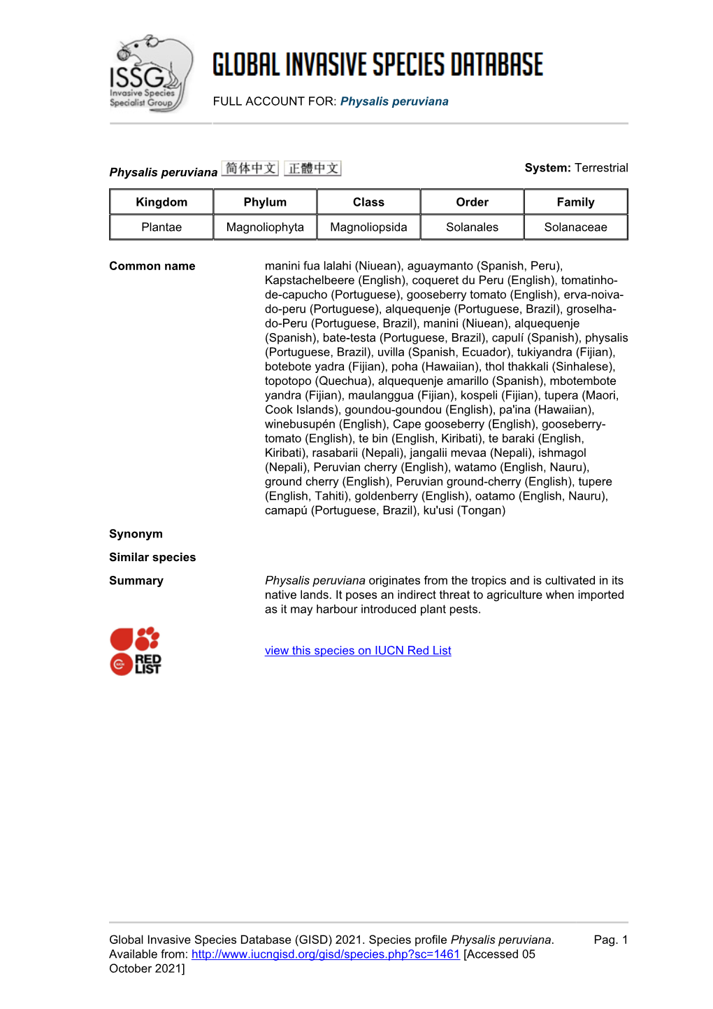 FULL ACCOUNT FOR: Physalis Peruviana Global Invasive Species Database (GISD) 2021. Species Profile Physalis Peruviana. Available