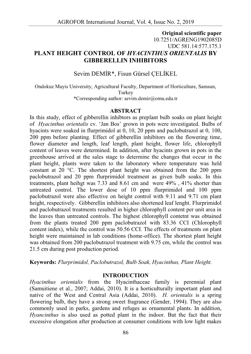 Plant Height Control of Hyacinthus Orientalis by Gibberellin Inhibitors