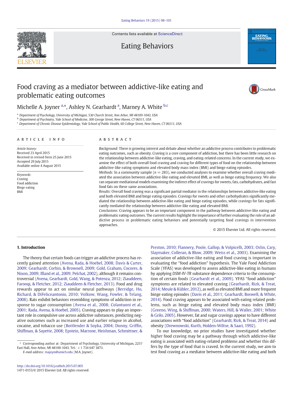 Food Craving As a Mediator Between Addictive-Like Eating and Problematic Eating Outcomes