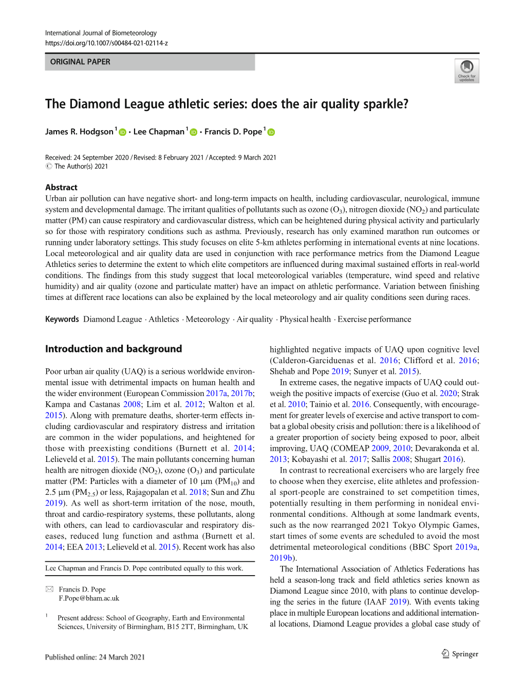 The Diamond League Athletic Series: Does the Air Quality Sparkle?