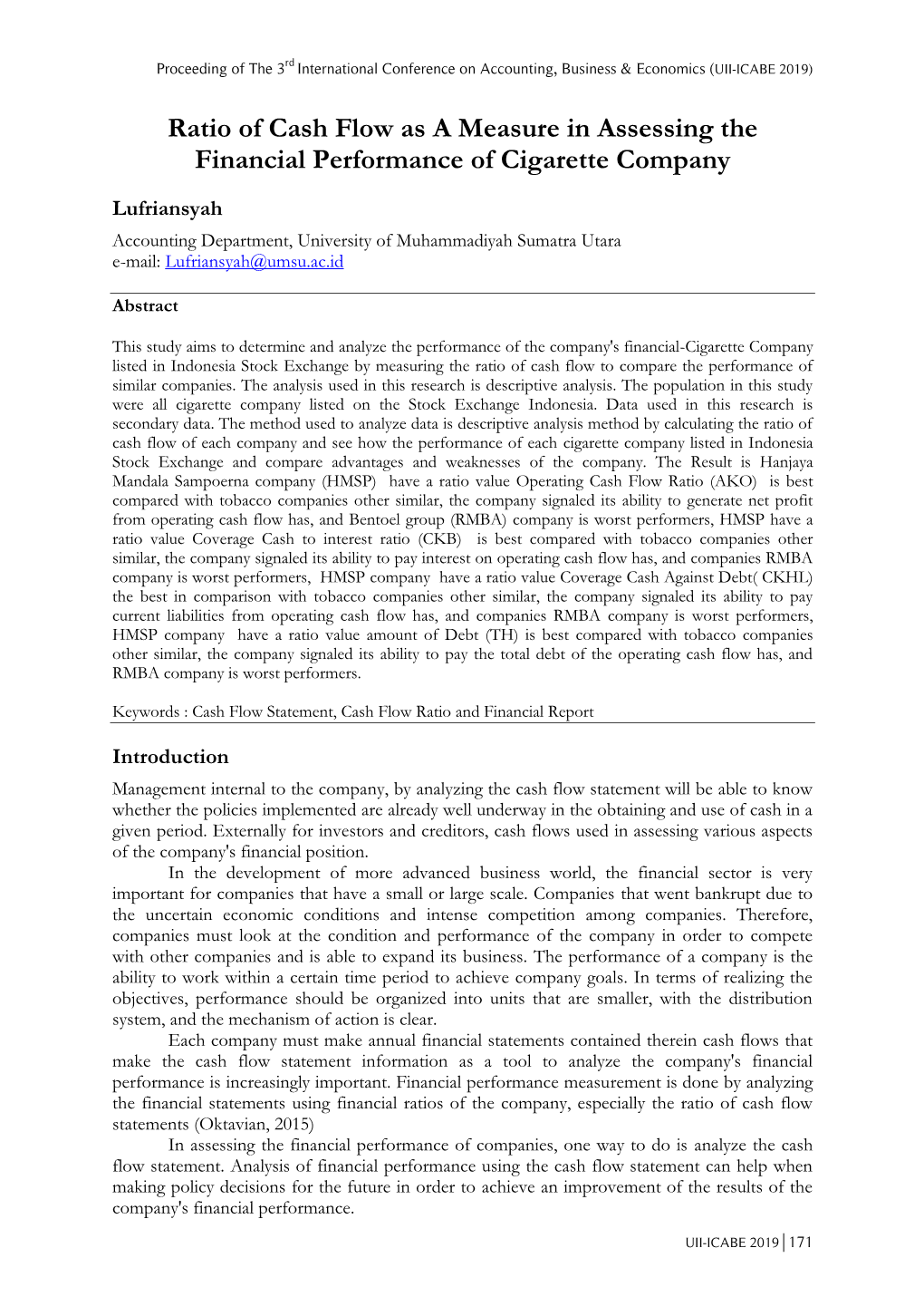 Ratio of Cash Flow As a Measure in Assessing the Financial Performance of Cigarette Company