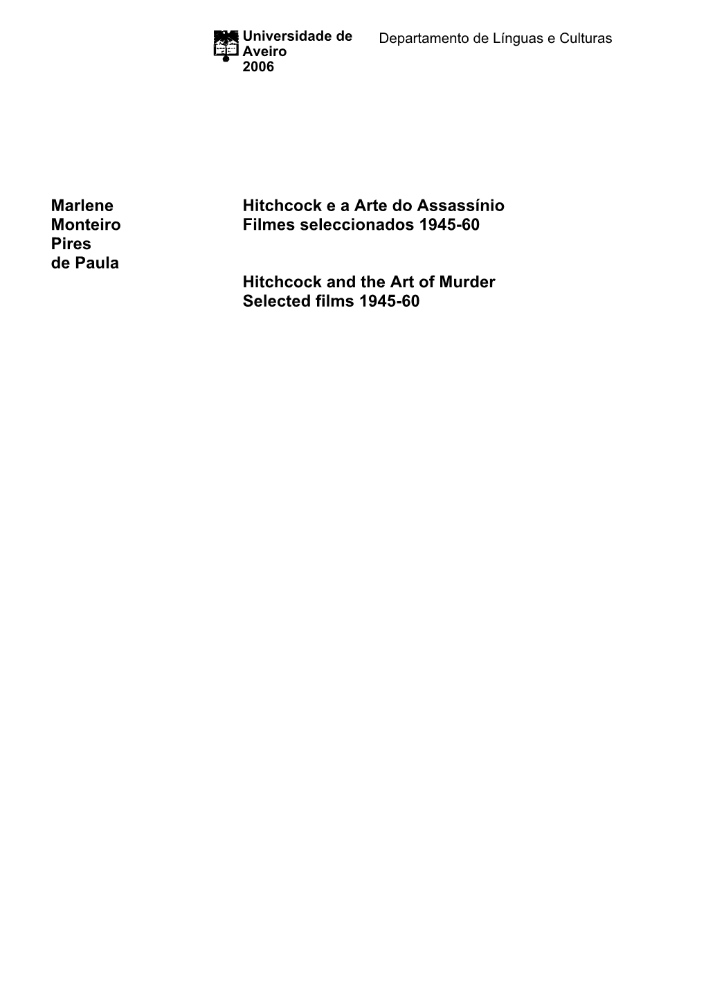 Marlene Monteiro Pires De Paula Hitchcock E a Arte Do Assassínio