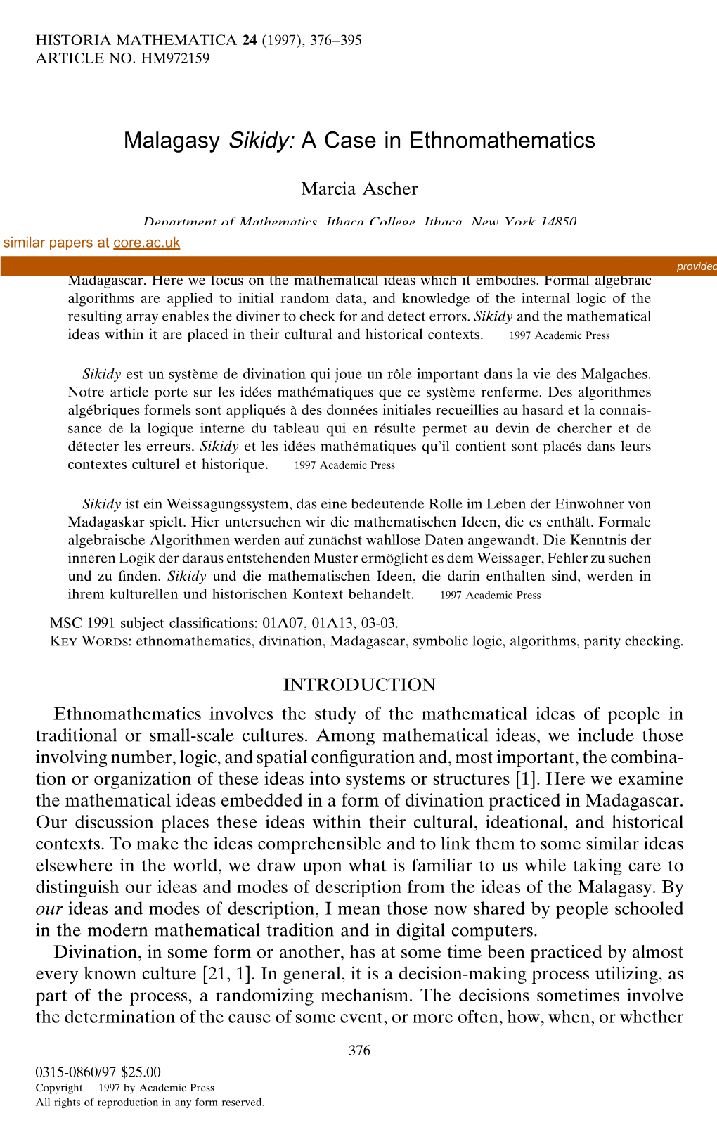 Malagasy Sikidy: a Case in Ethnomathematics