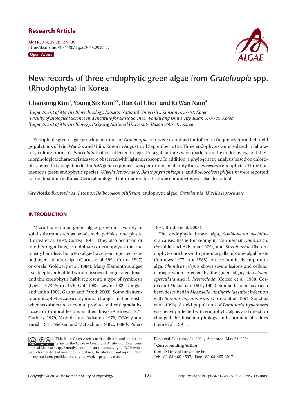 New Records of Three Endophytic Green Algae from Grateloupia Spp