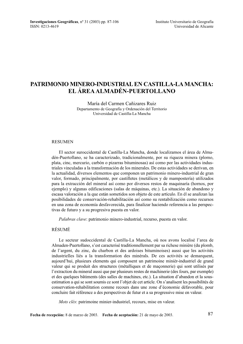 Patrimonio Minero-Industrial En Castilla-La Mancha: El Área Almadén-Puertollano