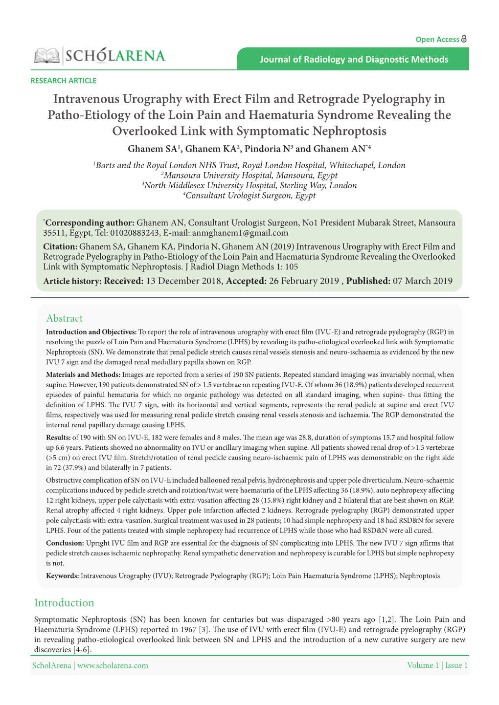 Intravenous Urography with Erect Film and Retrograde Pyelography in Patho-Etiology of the Loin Pain and Haematuria Syndrome Reve