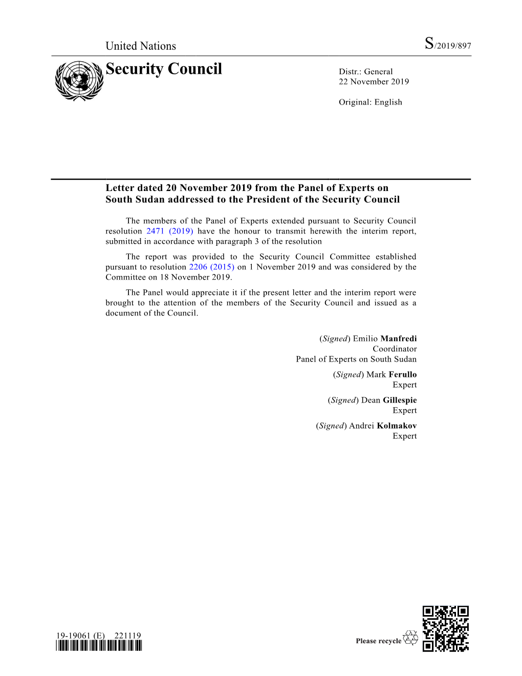 Security Council Distr.: General 22 November 2019