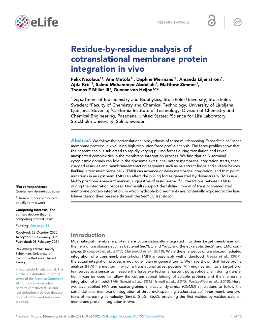 Residue-By-Residue Analysis of Cotranslational Membrane Protein