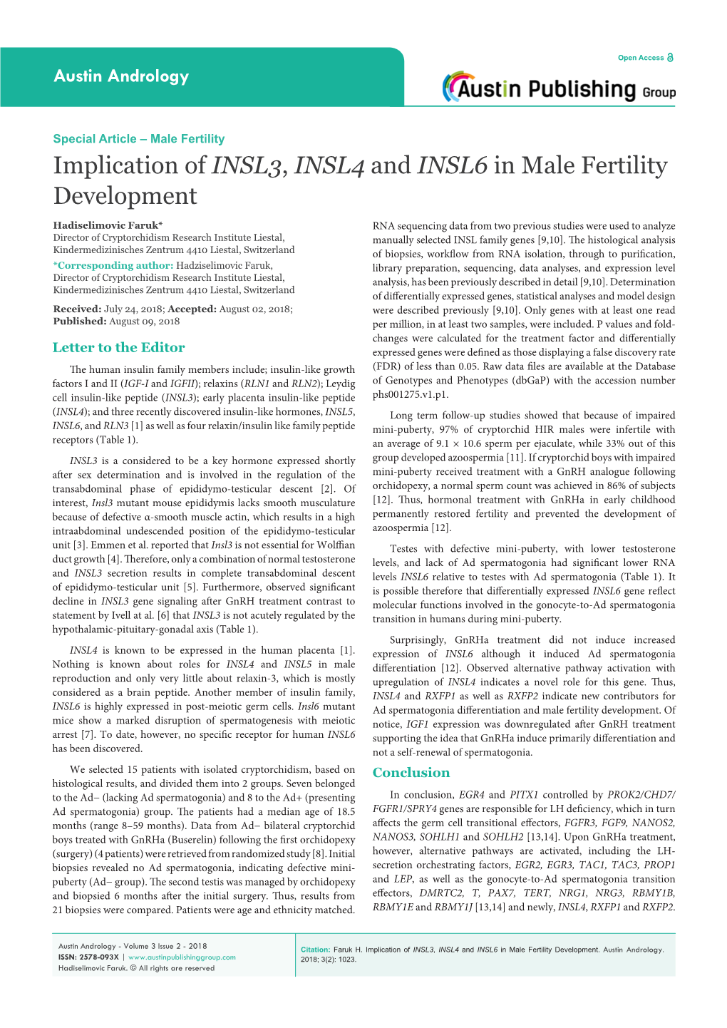 Implication of INSL3, INSL4 and INSL6 in Male Fertility Development