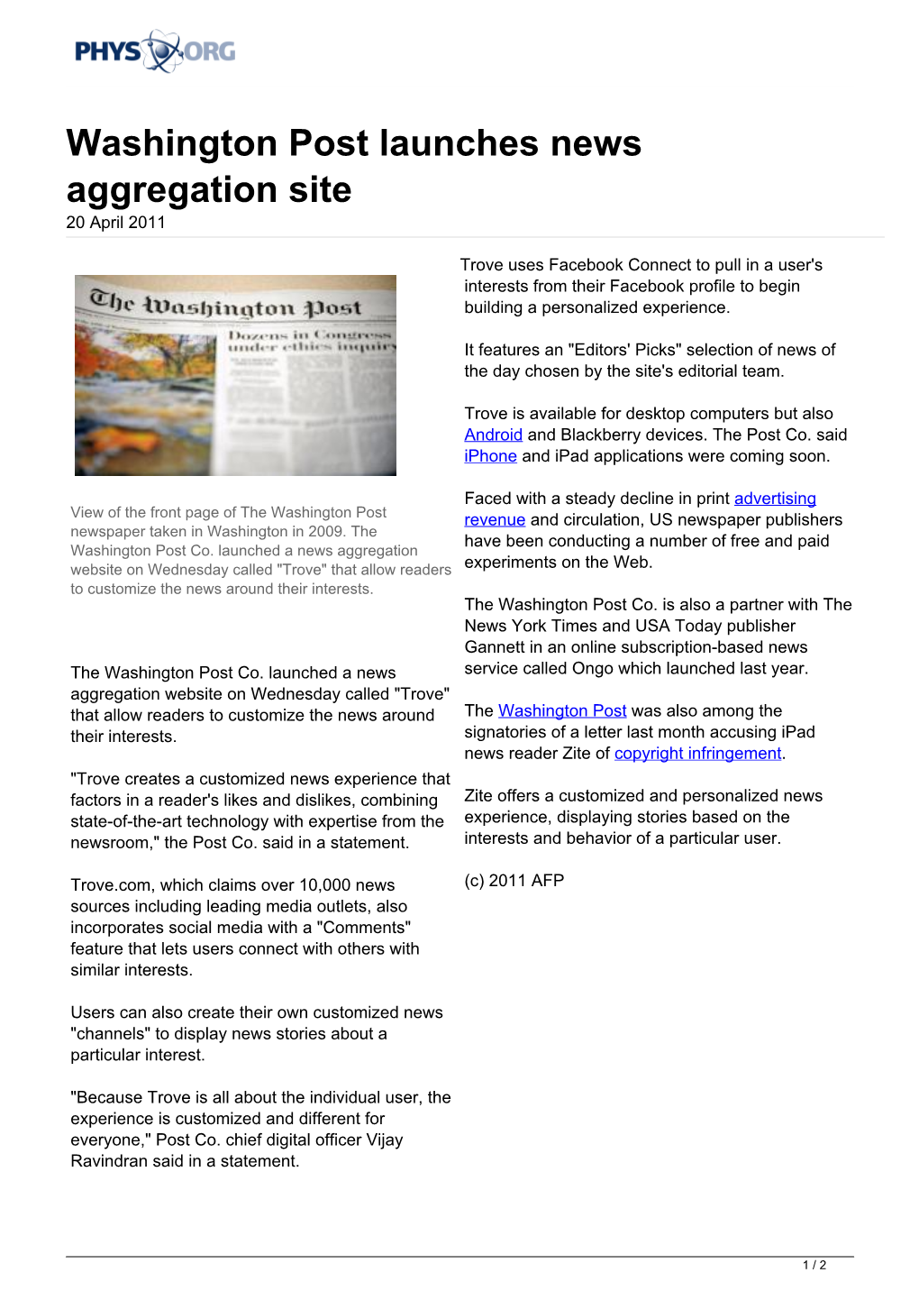 Washington Post Launches News Aggregation Site 20 April 2011