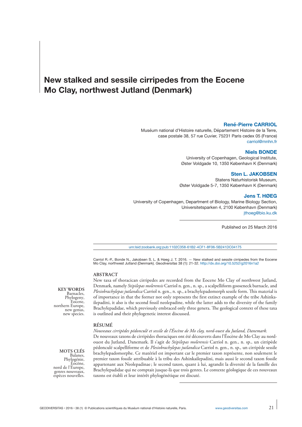 New Stalked and Sessile Cirripedes from the Eocene Mo Clay, Northwest Jutland (Denmark)