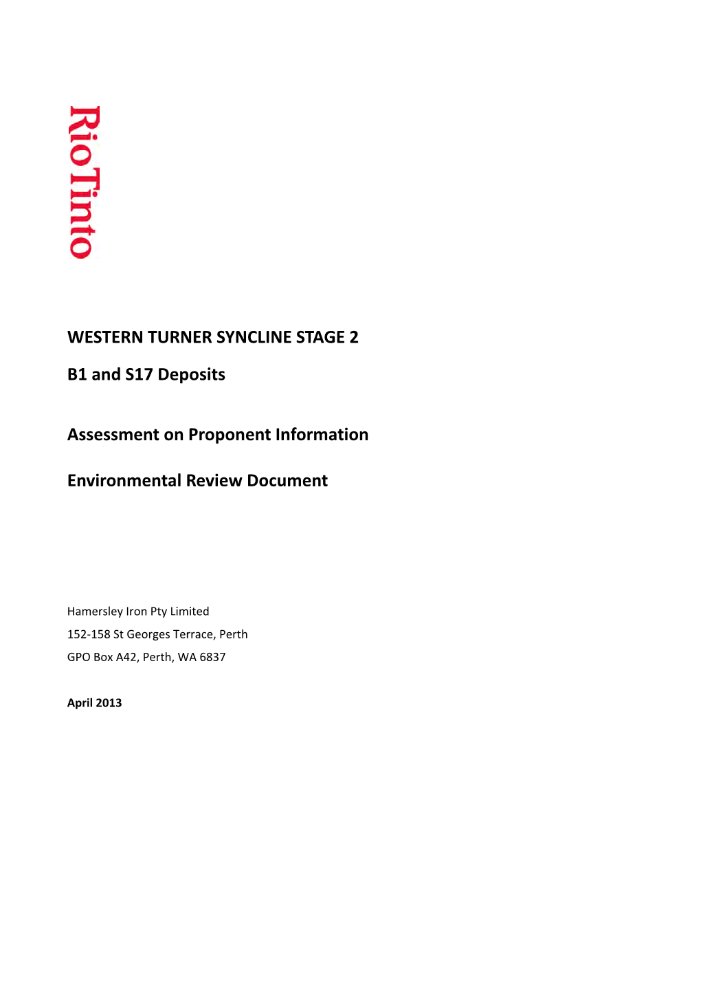 WESTERN TURNER SYNCLINE STAGE 2 B1 and S17 Deposits