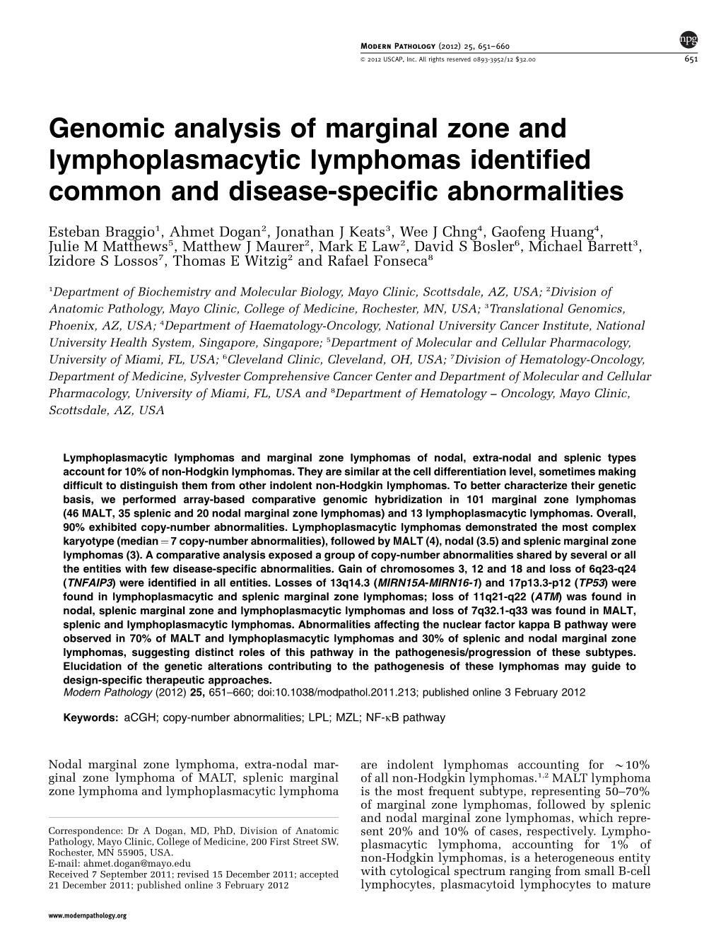 Genomic Analysis of Marginal Zone and Lymphoplasmacytic Lymphomas Identified Common and Disease-Specific Abnormalities