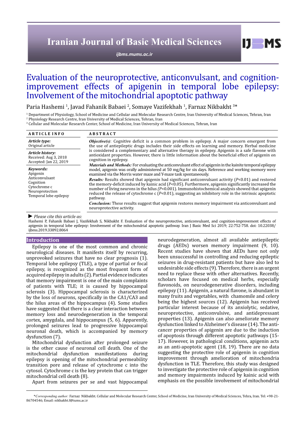 Improvement Effects of Apigenin in Temporal Lobe Epilepsy