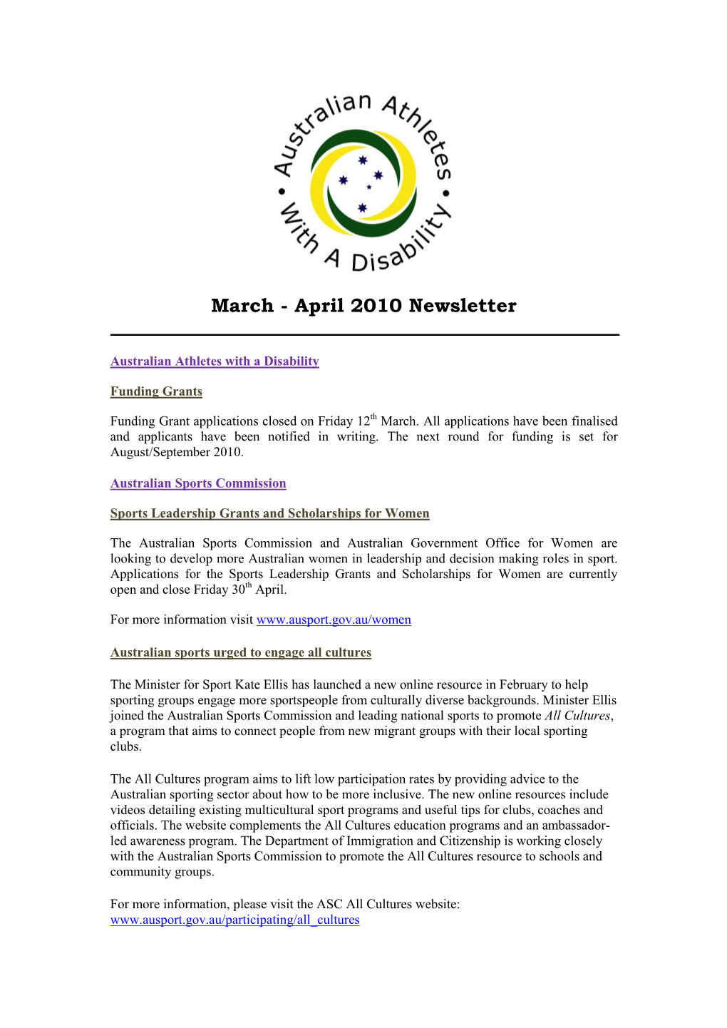 March - April 2010 Newsletter