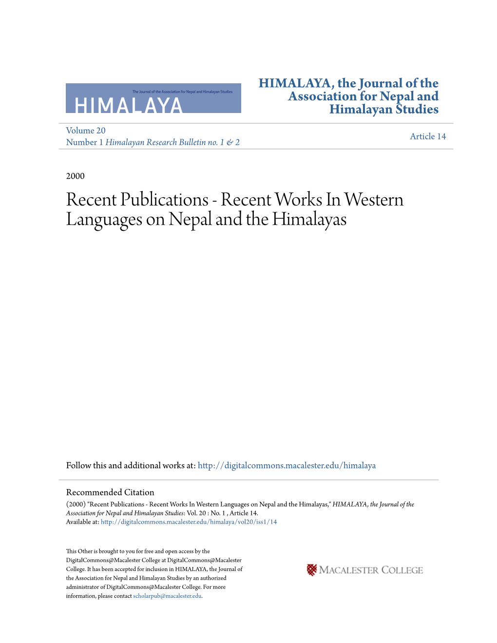 Recent Works in Western Languages on Nepal and the Himalayas