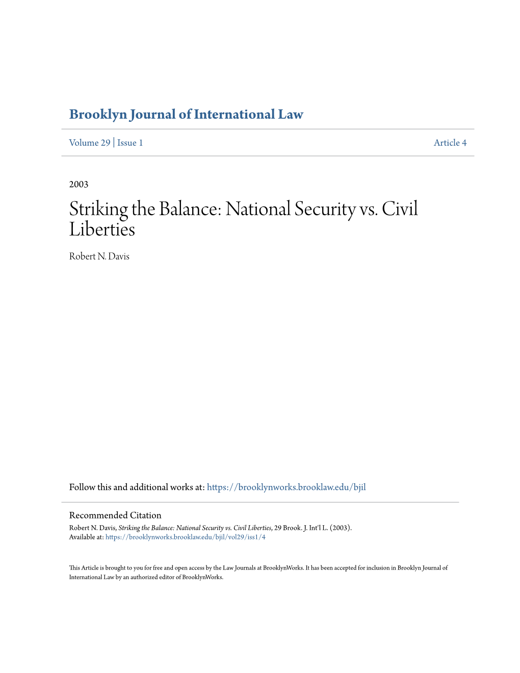Striking the Balance: National Security Vs. Civil Liberties Robert N
