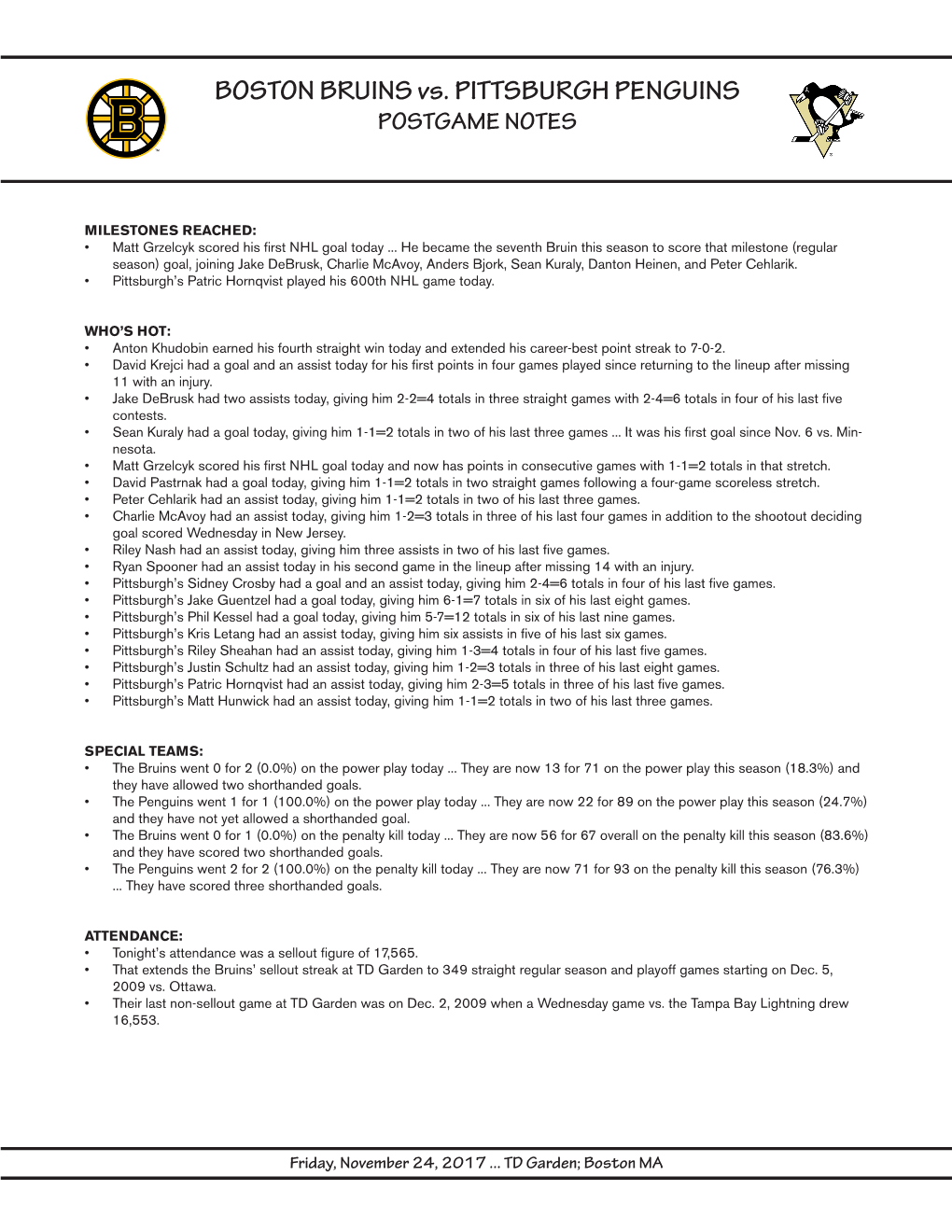 BOSTON BRUINS Vs. PITTSBURGH PENGUINS POSTGAME NOTES