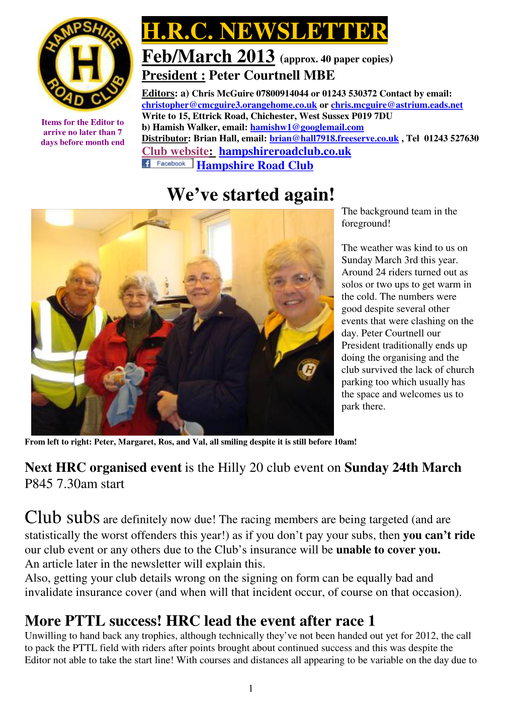 H.R.C. NEWSLETTER Feb/March 2013 (Approx