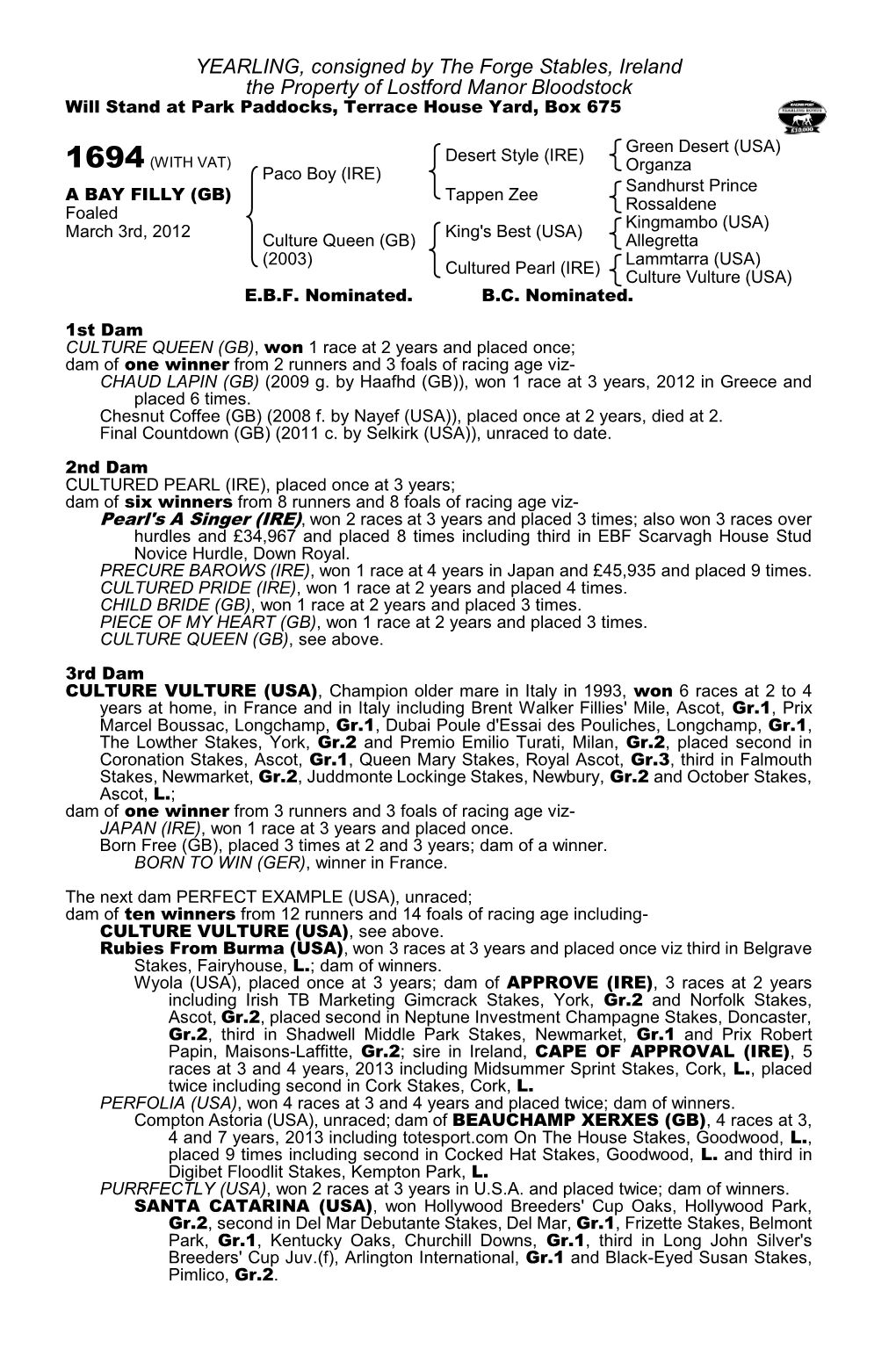 YEARLING, Consigned by the Forge Stables, Ireland the Property of Lostford Manor Bloodstock Will Stand at Park Paddocks, Terrace House Yard, Box 675