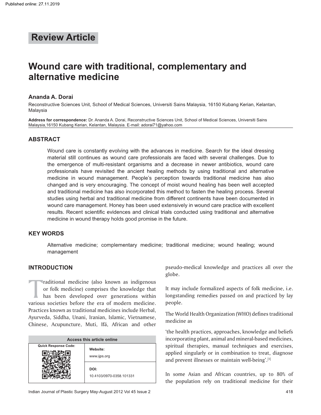 Review Article Wound Care with Traditional, Complementary And