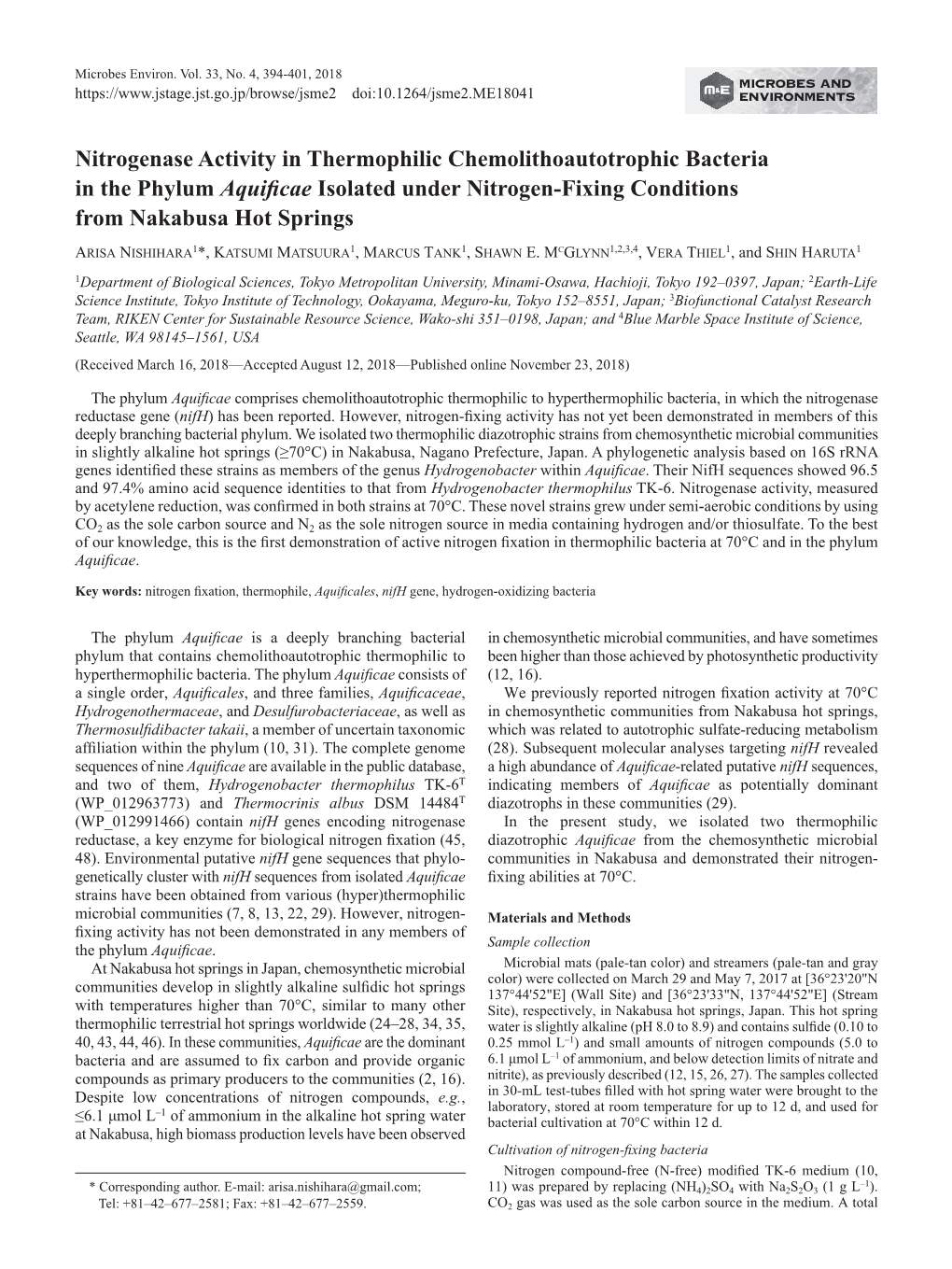 Nitrogenase Activity in Thermophilic Chemolithoautotrophic Bacteria in the Phylum Aquificae Isolated Under Nitrogen-Fixing Conditions from Nakabusa Hot Springs