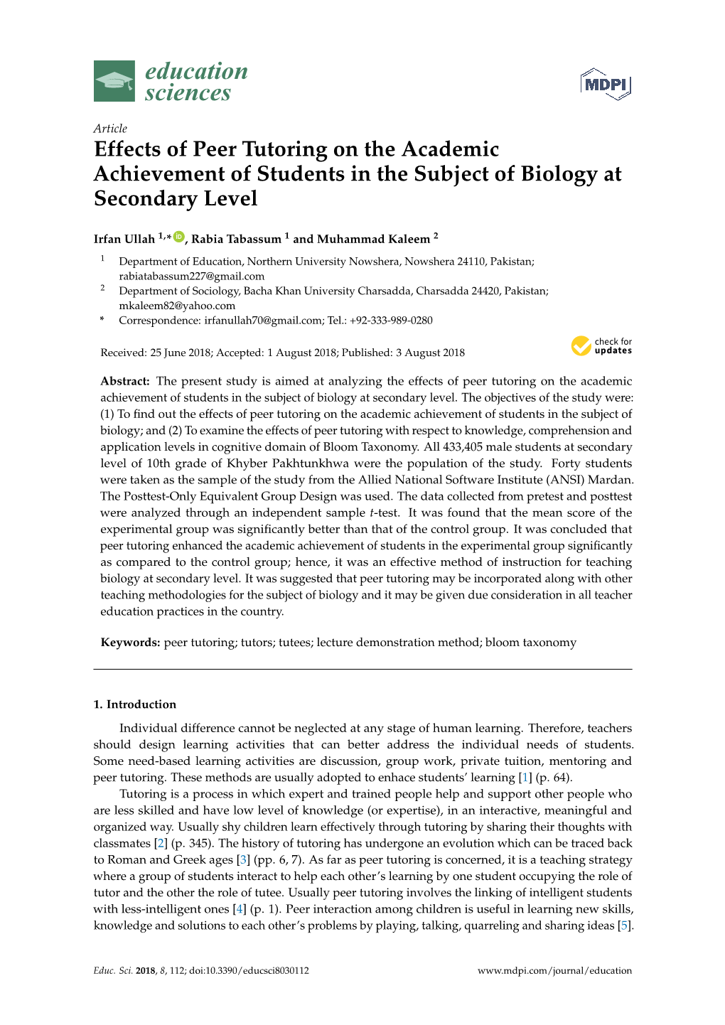 Effects of Peer Tutoring on the Academic Achievement of Students in the Subject of Biology at Secondary Level