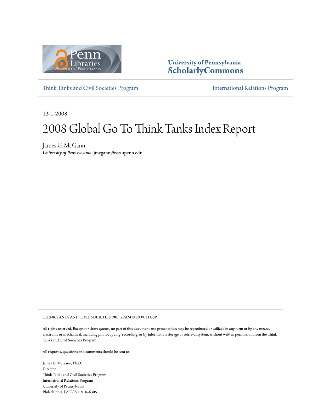 2008 Global Go to Think Tanks Index Report