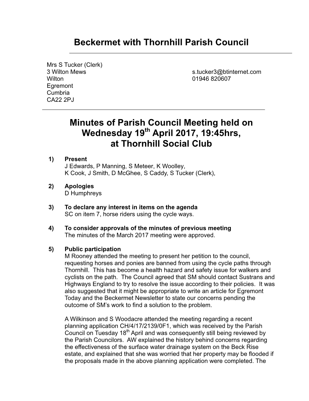 Beckermet with Thornhill Parish Council Minutes of Parish Council