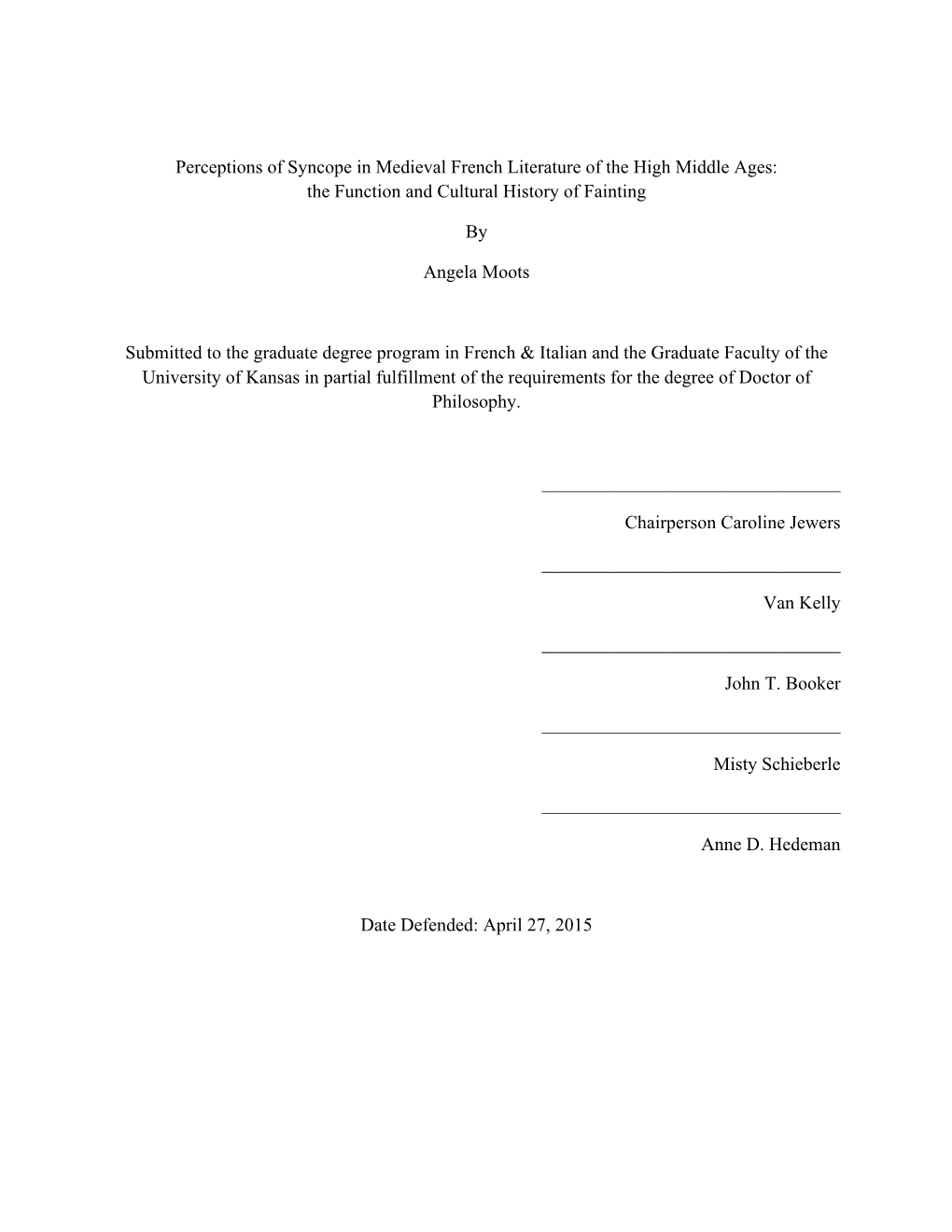 Perceptions of Syncope in Medieval French Literature of the High Middle Ages: the Function and Cultural History of Fainting