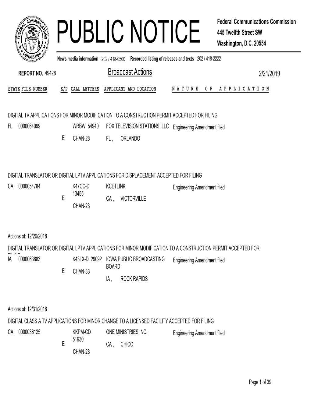 Broadcast Actions 2/21/2019