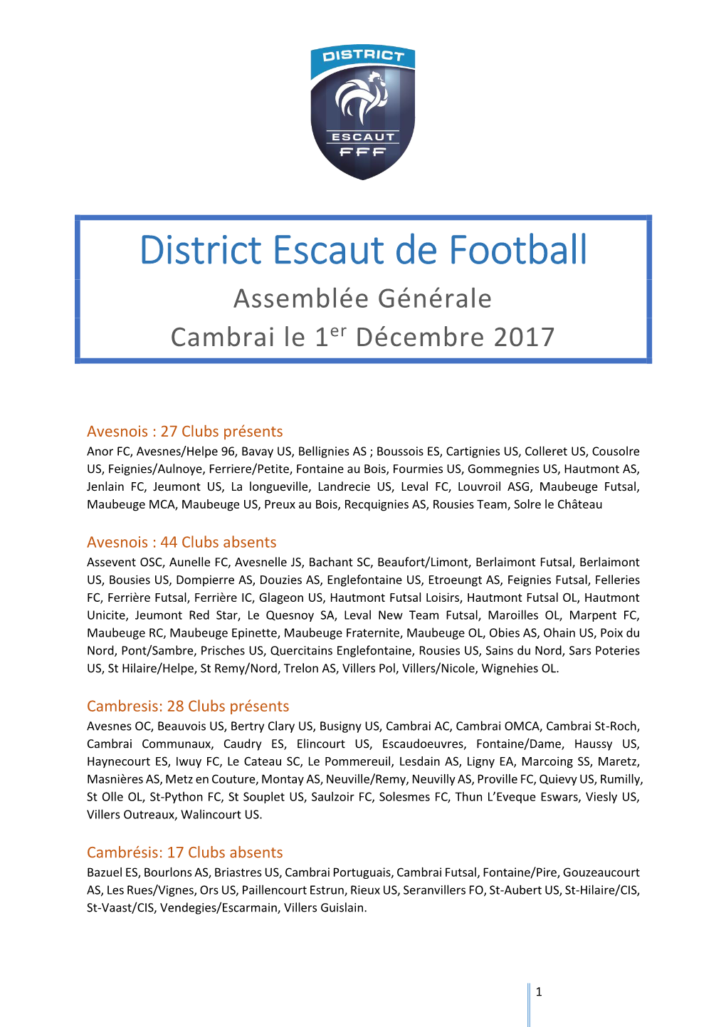 District Escaut De Football Assemblée Générale Cambrai Le 1Er Décembre 2017