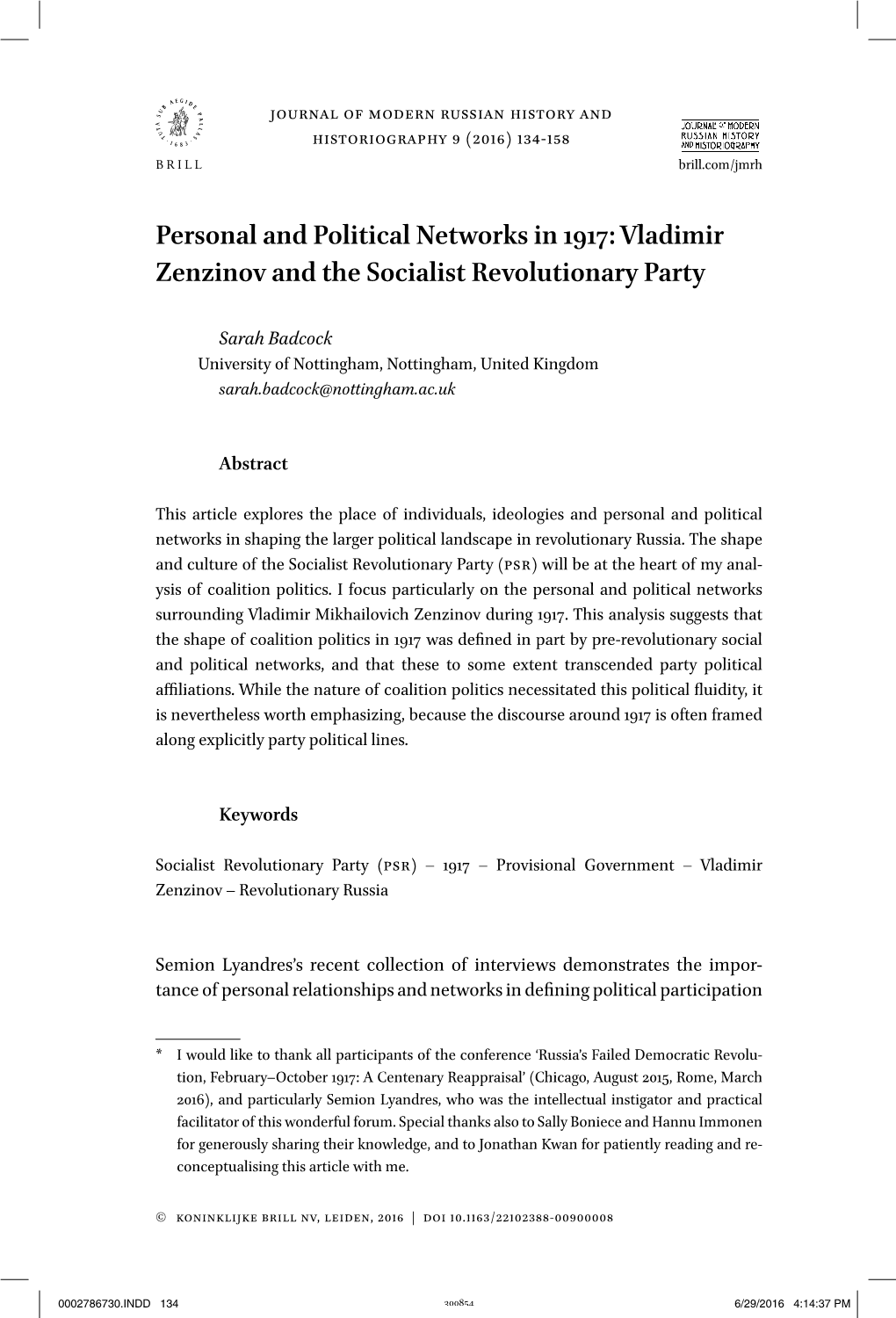 Personal and Political Networks in 1917: Vladimir Zenzinov and The