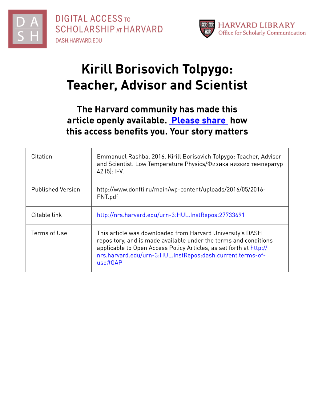 Kirill Borisovich Tolpygo: Teacher, Advisor and Scientist