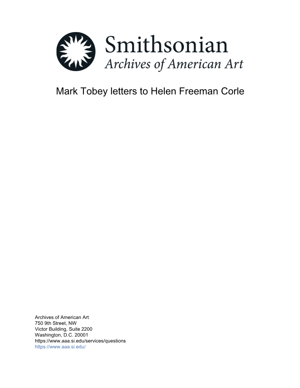Mark Tobey Letters to Helen Freeman Corle
