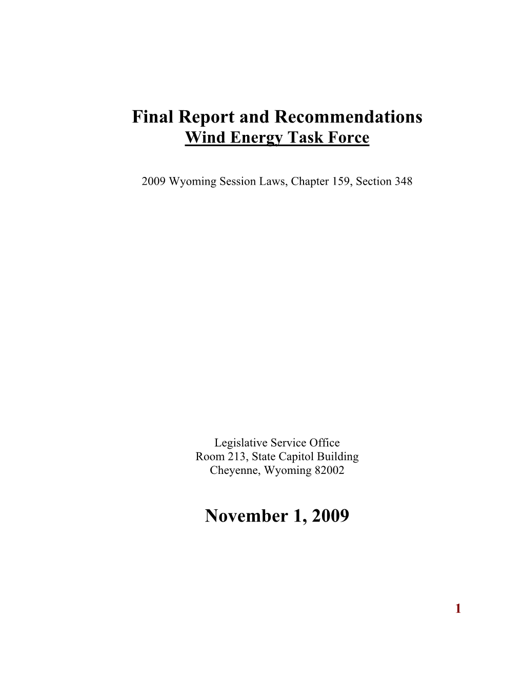 Final Report and Recommendations November 1, 2009